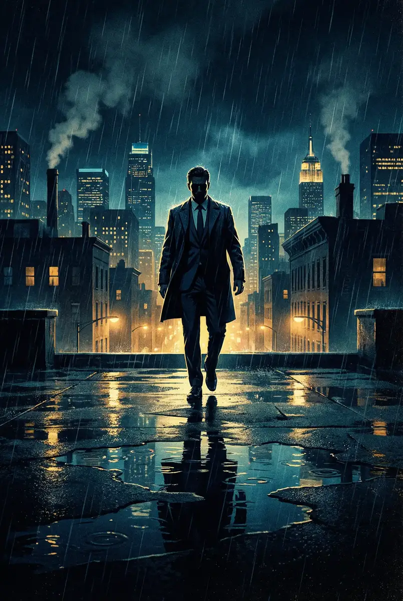 斗罗大陆154集免费观看 出品影片《雨夜独行者》海报，雨中城市屋顶男性剪影